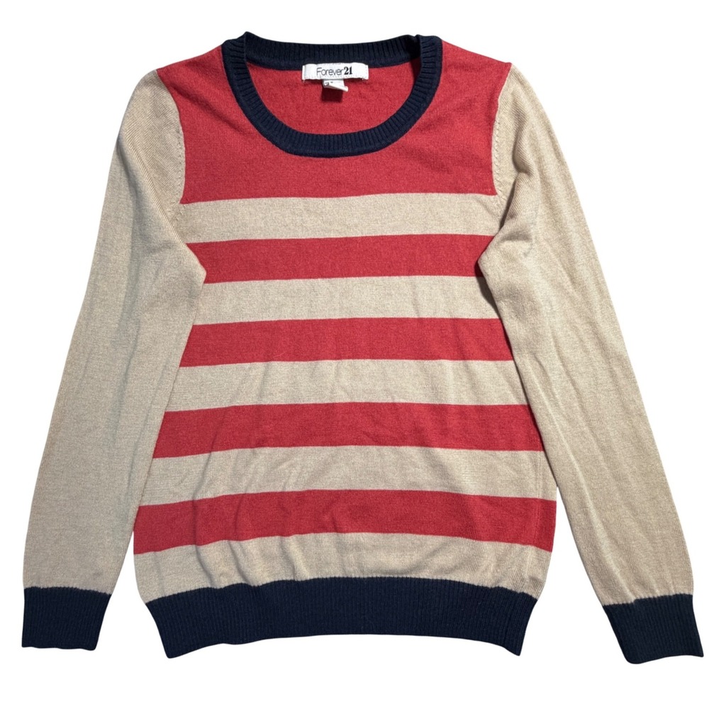 Womens Red Beige Striped Angora Blend Crewneck Sweater Medium‎ Patriot Old Money